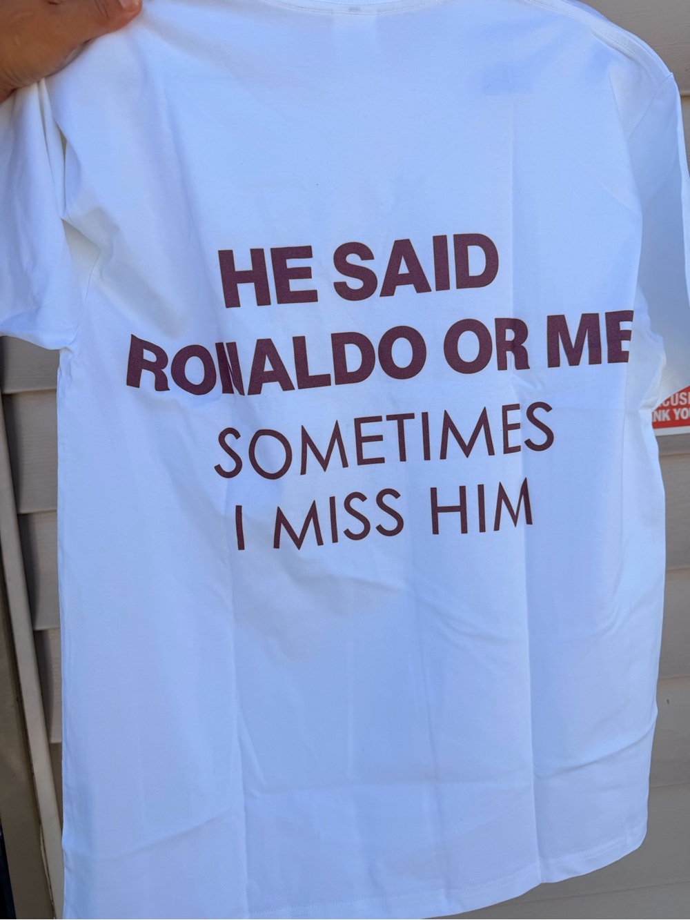 White Graphic Tee with Brown Text - 'He Said Ronaldo Or Me'
